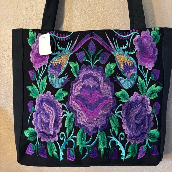 NEW Tote Bag Black Canvas Embroidered Floral Birds Purple Green Teal Zippered - Picture 4 of 16